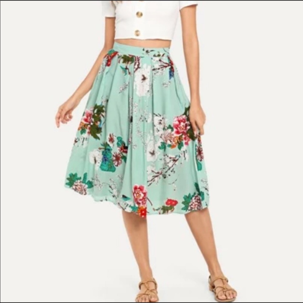 Grace Karin Tropical Print Pleated Midi Skirt A-Line Size Medium